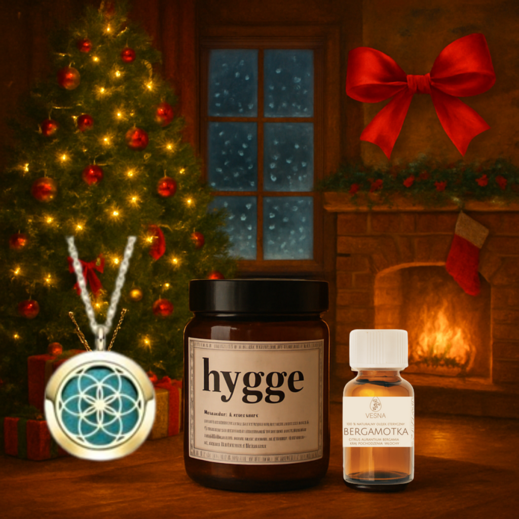 Naturalny olejek eteryczny bergamotka Vesna w świątecznej aranżacji hygge – ciepło, spokój i aromaterapia w zimowym klimacie.