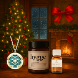 Naturalny olejek eteryczny bergamotka Vesna w świątecznej aranżacji hygge – ciepło, spokój i aromaterapia w zimowym klimacie.