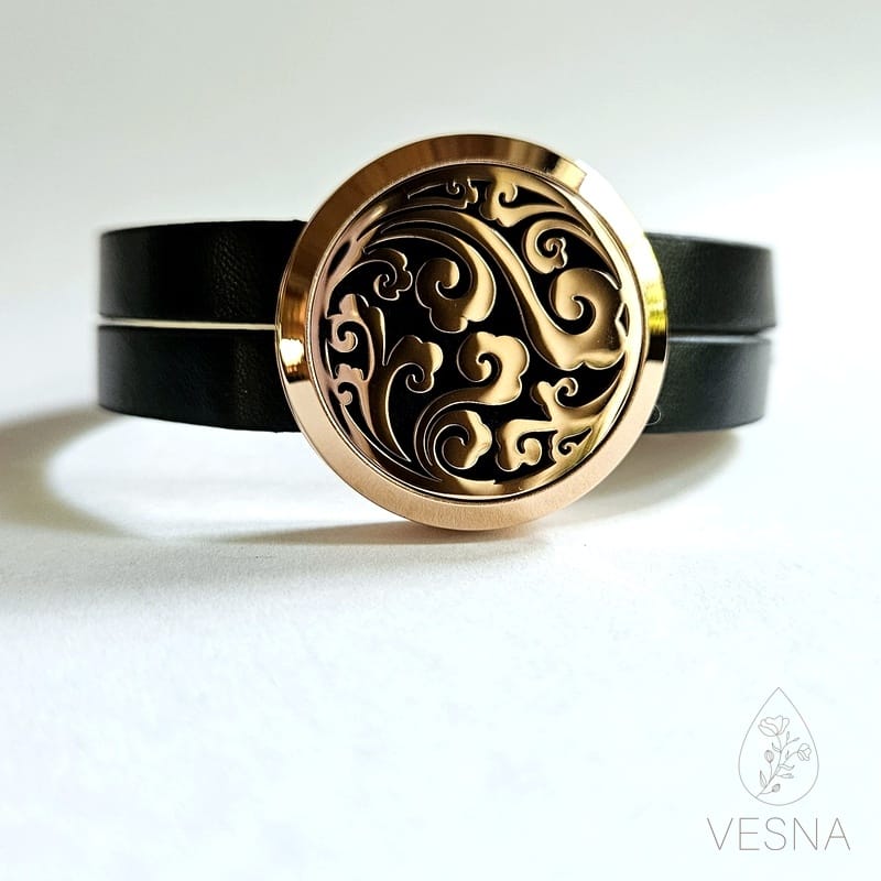 bransoletka do aromaterapii ornament czarna skóra różowe złoto
